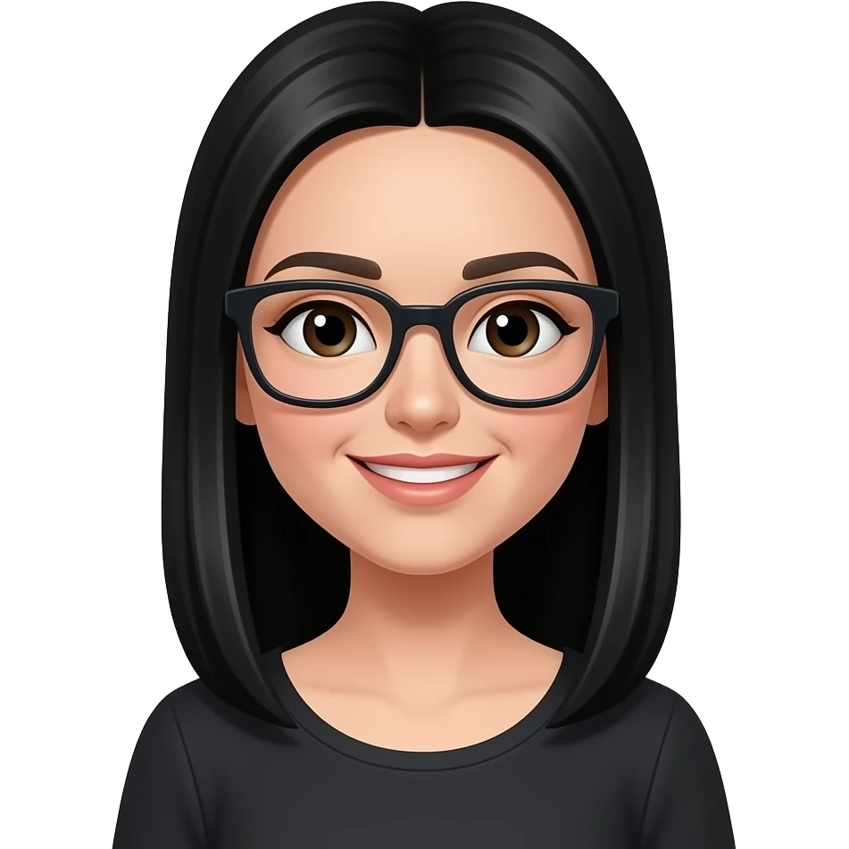 Make a young woman with really long straight black hair and with black glasses emoji