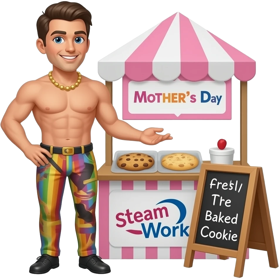 Poster "SteamWorks, celebrates Mothers Day with freshly baked cookie scent in all stalls." In a gay male mother drag queen  theme. emoji