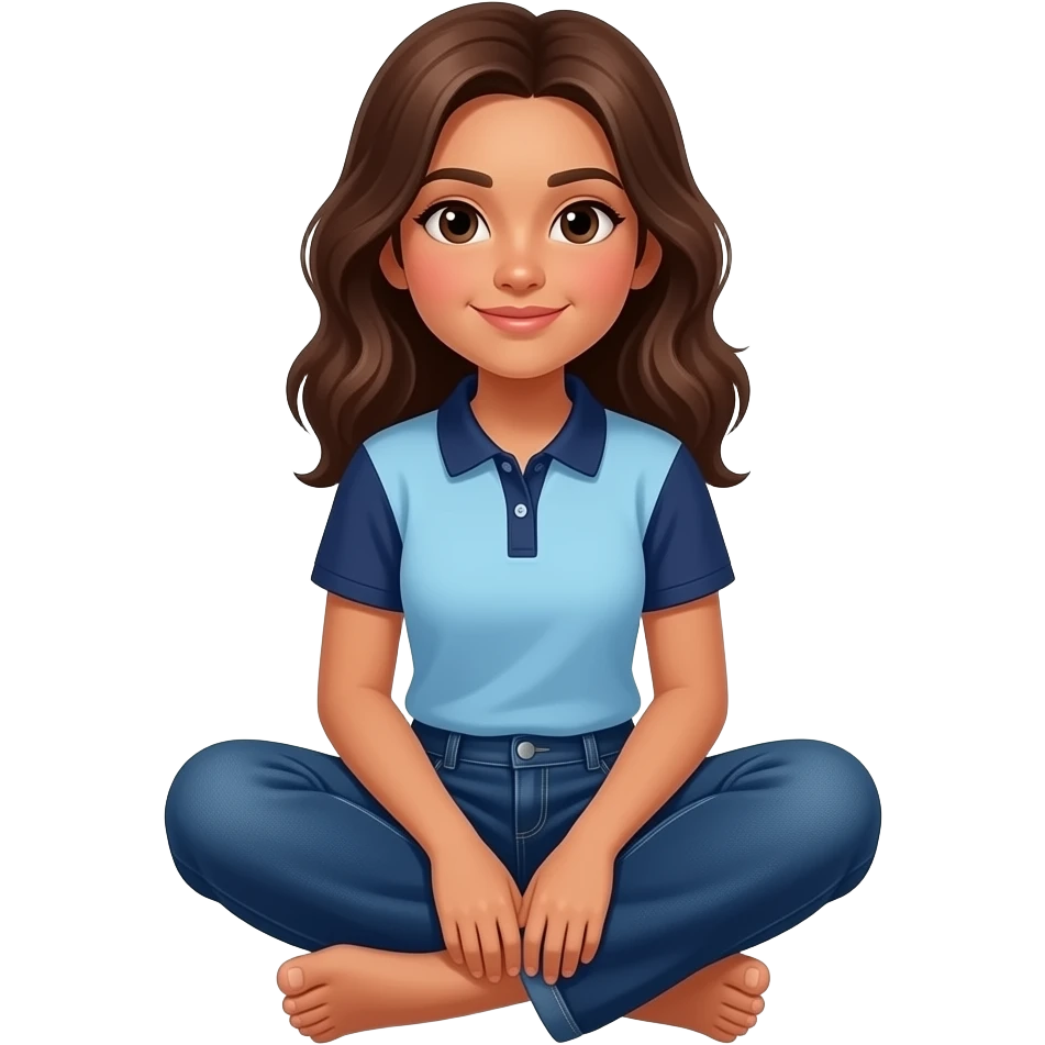 Hispanic girl with brown hair and light blue and dark blue polo and dark blue baggy jeans sitting down showing her feet emoji