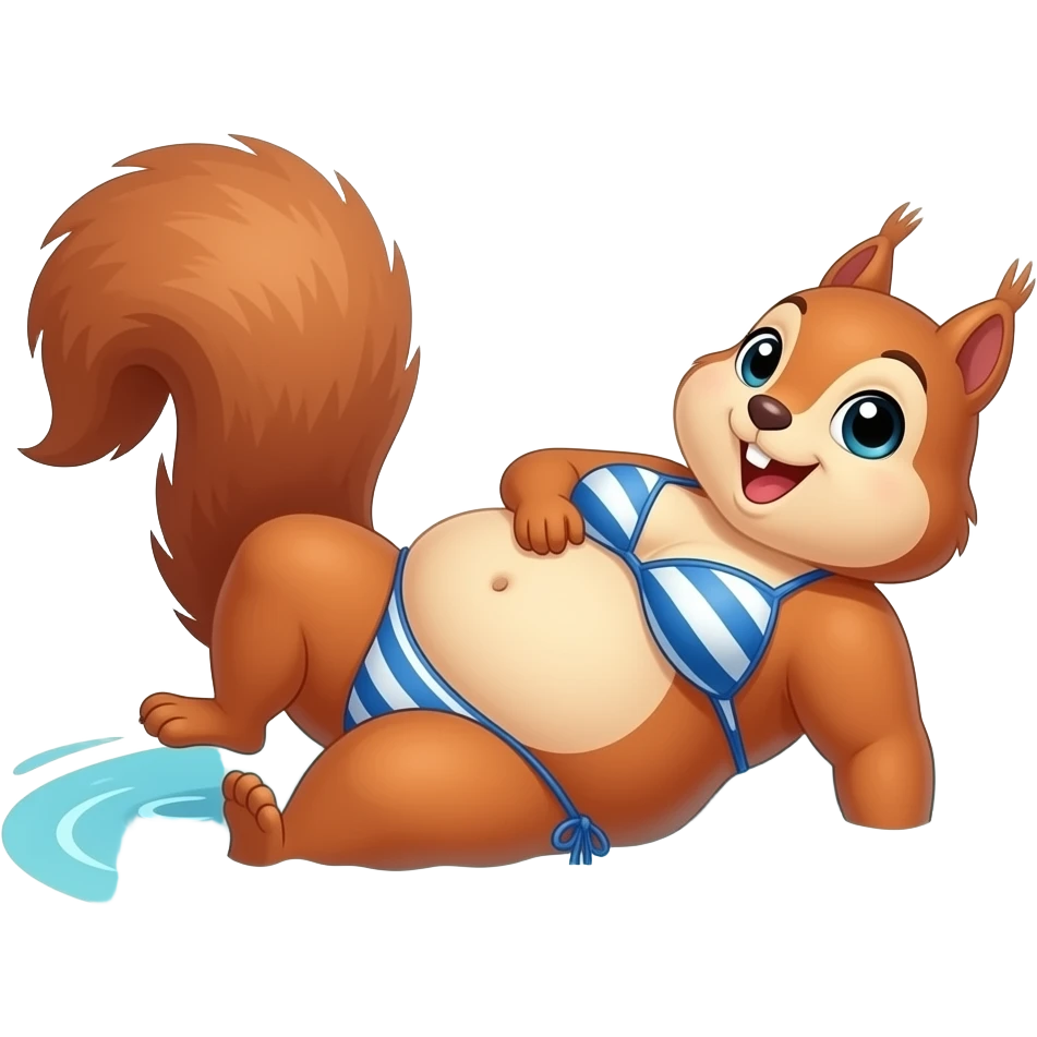 A female squirrel enjoys the beach holiday in her swimmers,but she is so full from a lunch break that she is about to burst,Then her fat Tummy rolls & drops out,she will just lay on her back in the shallow cool water,her gluttonous belly promotes a good resort business. emoji