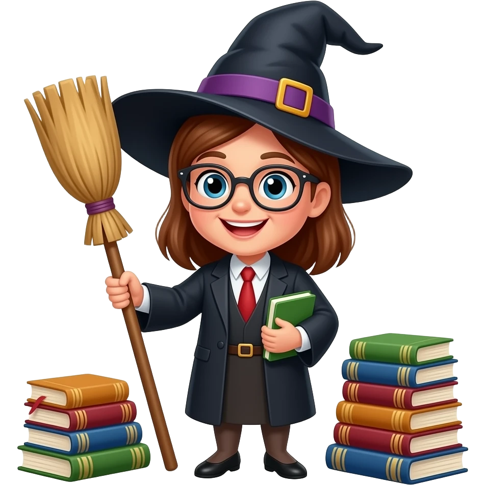 директор школи відьма з мітлою і книжками весела emoji