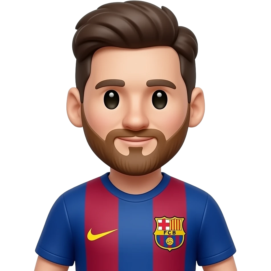 Messi-inspired 3D emoji, full Barcelona jersey, 1 small black sunglasses near left chest logo. emoji