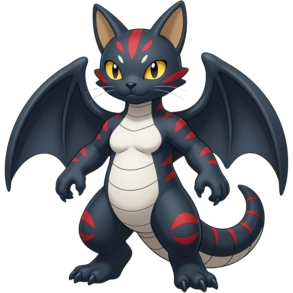 midnight blue-gray-black, with red markings, white belly, scaley Bastet-Noibat-Gatomon-Digimon-Fakémon-Pokémon-creature (full body) emoji