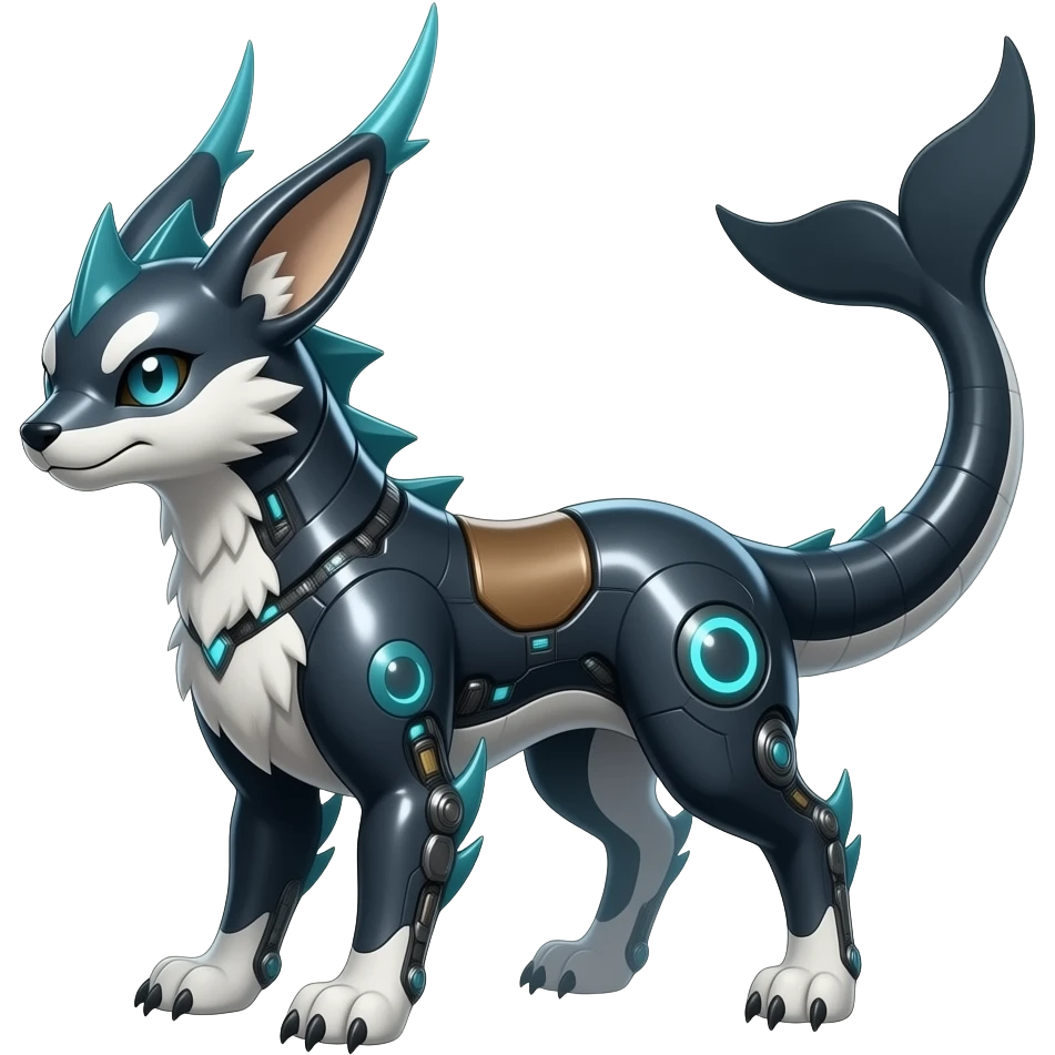 Tough Quadrupedal digitigrade shiny glossy smooth finned frilled gothic tall slim unique epic legendary shiny edgy cool cyberpunk-solarpunk-fantasy-Absol-Sprigatito-Vaporeon-Furret-Manectric-Mudkip-Fakémon-hybrid with an orca tail emoji