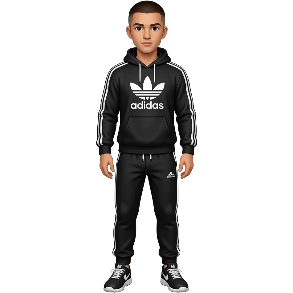 skinny young man adidas sweatpants and sweatshirt black sporty outfit buzz cut light skin  full height emoji