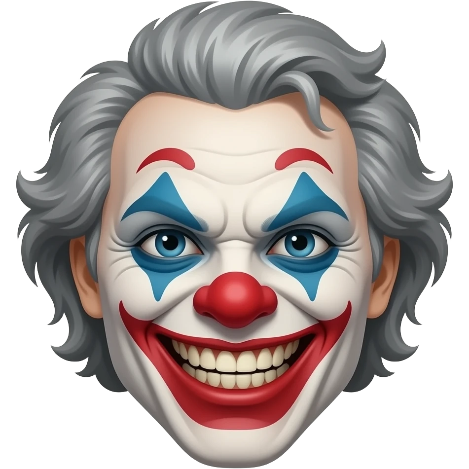 An evil clown with gray hair, head only, wicked grin, hyper real, crazy makeup, scary, hyper real, ultra real emoji