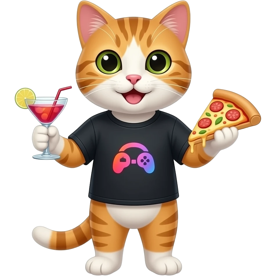кот в геймерской рубашки с коктейлем и с пиццей emoji