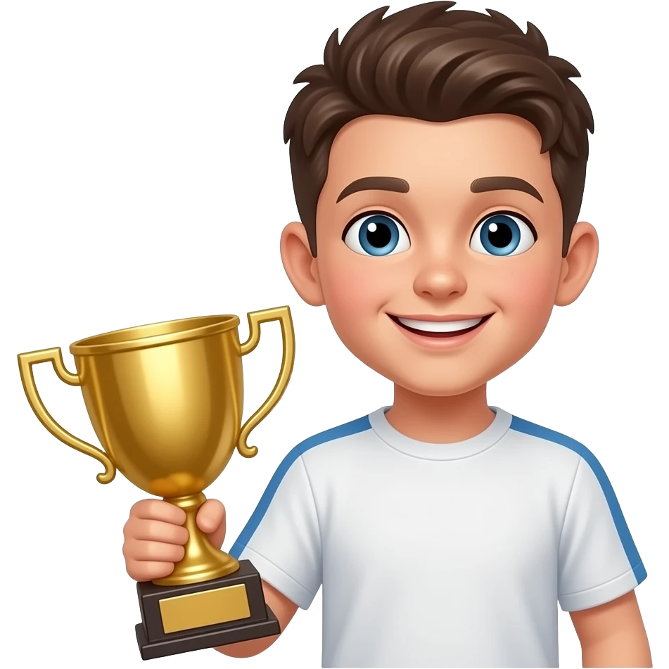 Un enfant garçon souriant, avec un trophée dans les mains. emoji
