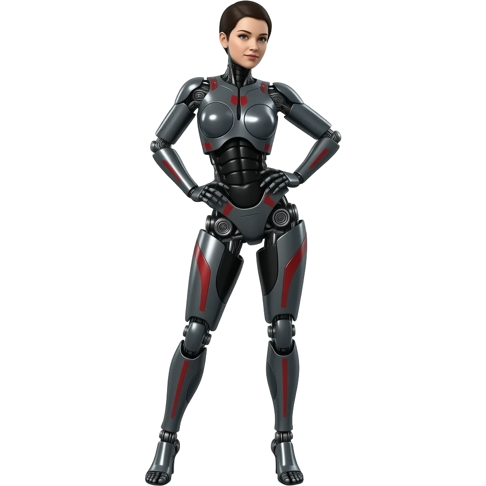 A female robot made of dark gray steel with black and red markings doing a sexy pose, full body, entire body, no human skin, all steel, all metal, entire body, long shot, no cut off body parts, no human skin emoji