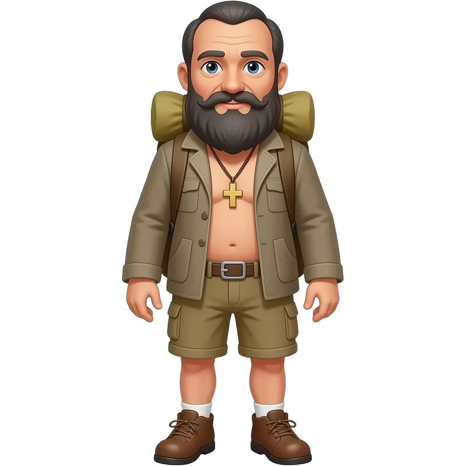 Hombre de 78 con bigote grande y mas oscuro con muchas entradasy con algo de abdomen rubia 50 Años y vestida de camino a santiago de cuerpo  entero con mochila emoji