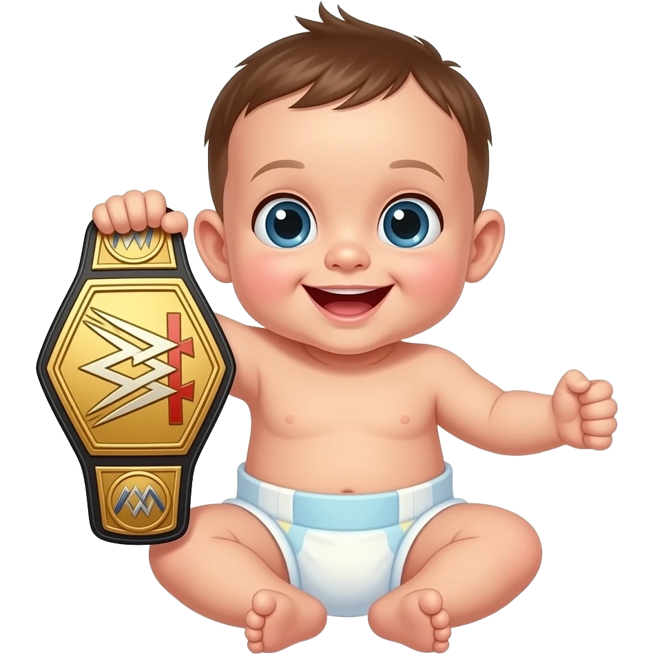 a newborn in a diaper holding up a wrestling championship belt emoji