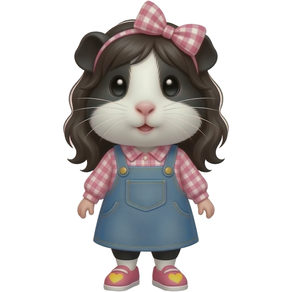 black and white guinea pig with pink long sleeve gingham shirt, jean dress, pink shoes with yellow hearts and a pink gingham bow in hair emoji