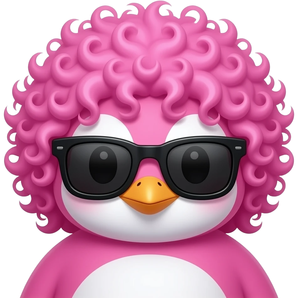pink curly haired penguin with sunglassess, just face emoji