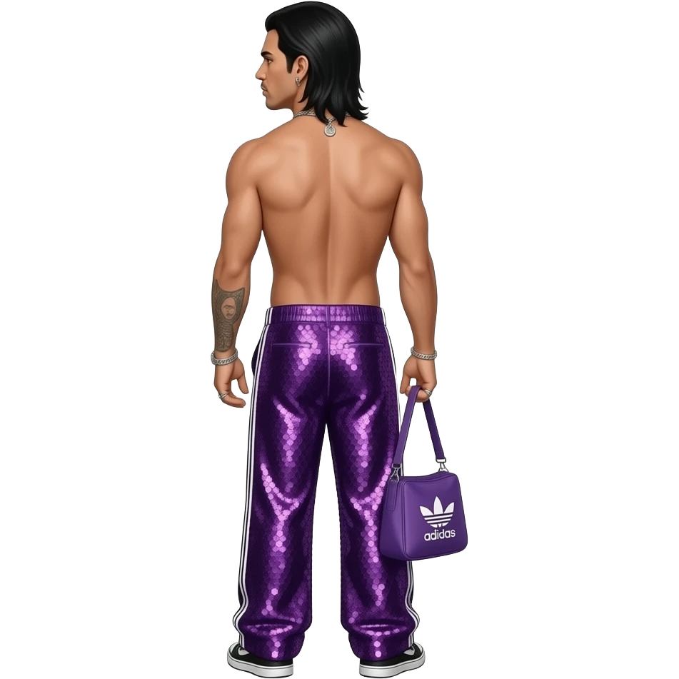 Jonathan Davis from behind with long black hair, purple adidas sequin baggy pants, shirtless with necklace and earrings emoji