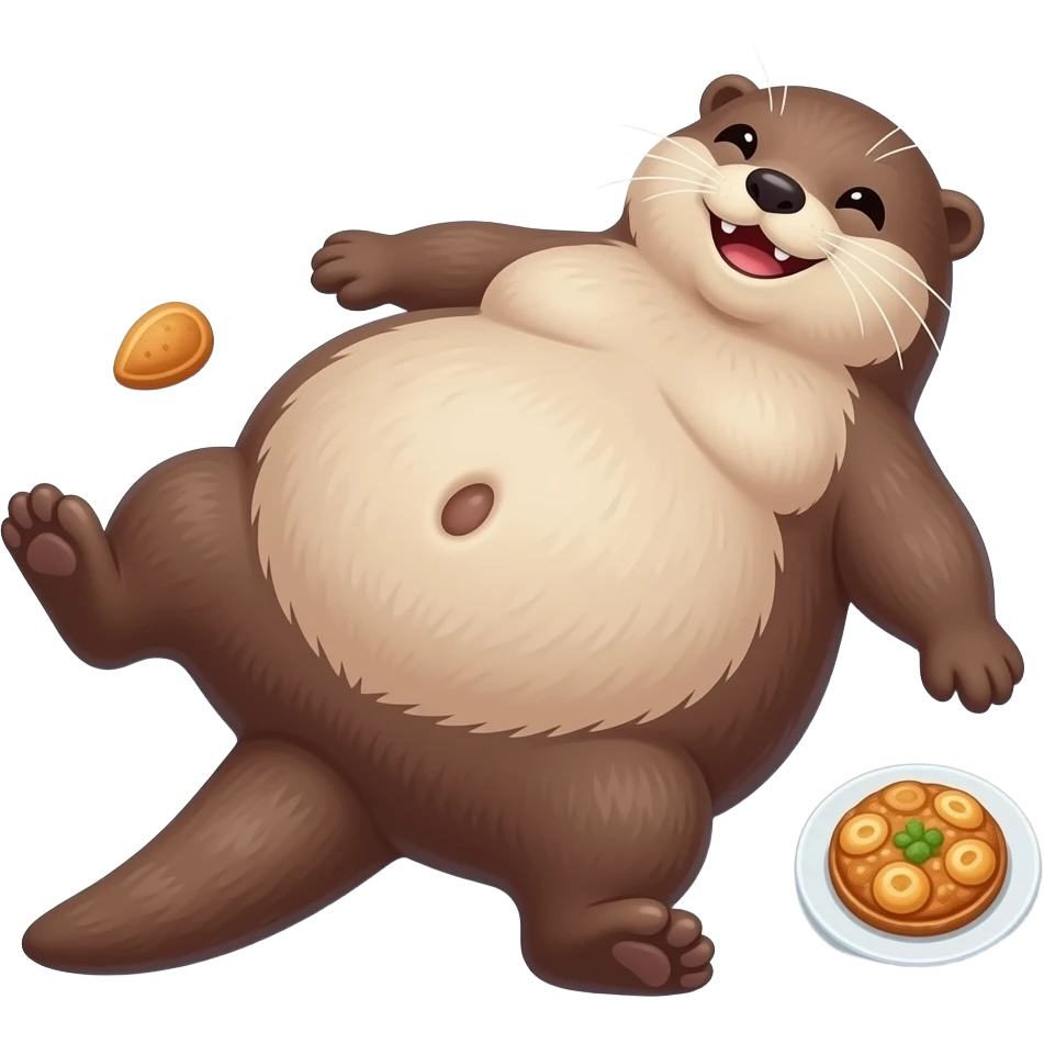 A female Otter is laying sprawled on her back,her Bellybutton booping on a satisfied gut from a hefty meal,Noticing her humongous overfed stomach,she is so stuffed with a heavy food baby,she can not move because her big full Tummy made her too fat. emoji