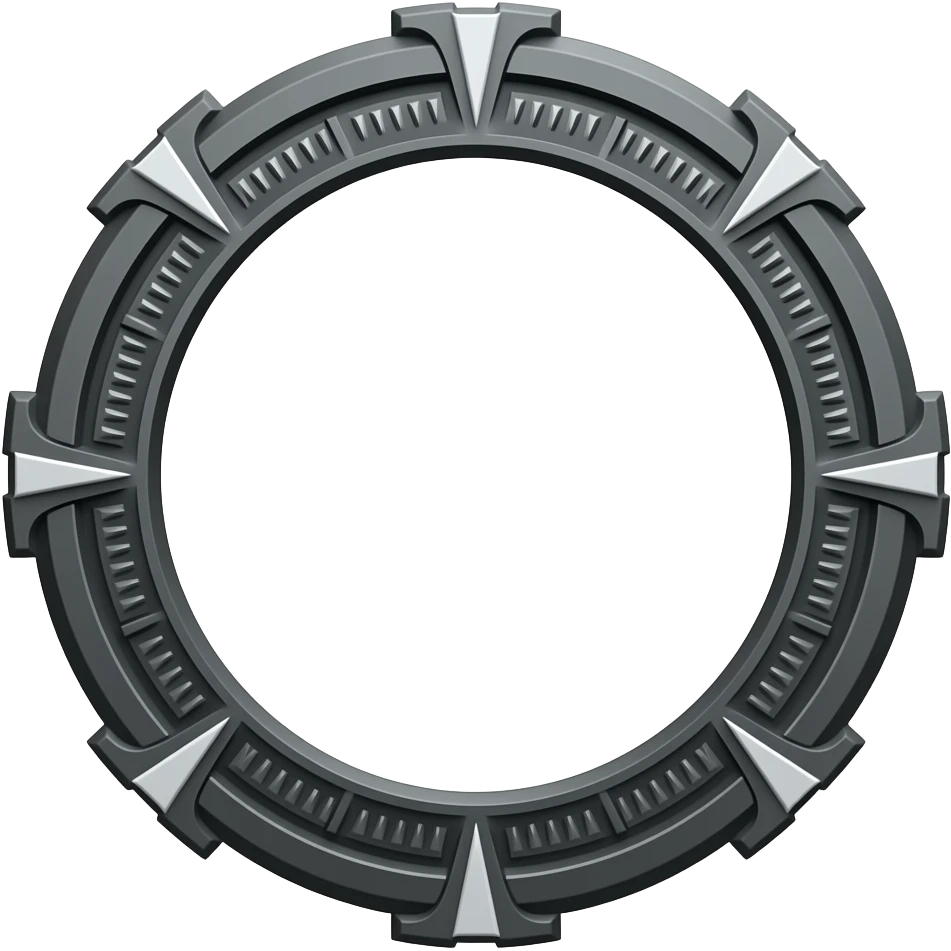 Stargate made of dark gray metal with 9 chevrons spaced evenly around the rim emoji