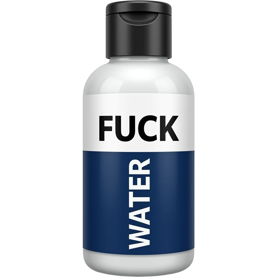 long squeeze bottle with black cap with white liquid in it with a white and dark blue vertical label that says FUCK WATER but the fuck is white text with a black background and water is white text with a navy blue background so it’s split in half. but the label is sideways emoji