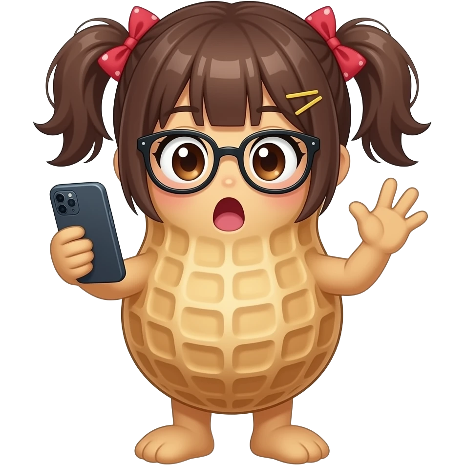 An anthropomorphic peanut -that looks like a peanut with a peanut face and hands and body-  wearing glasses, drawn anime style with anime girl hairstyle , holding a phone and looking at it in shock emoji