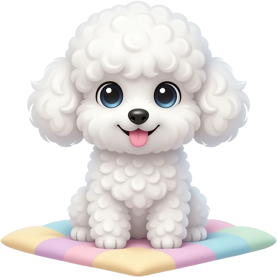 A cute fluffy white toy poodle sitting on a soft pastel blanket, huge sparkling eyes, curly fluffy fur, tiny pink tongue sticking out, cozy warm lighting, ultra adorable expression, detailed fur texture, soft shadows, kawaii aesthetic, high quality, centered composition emoji