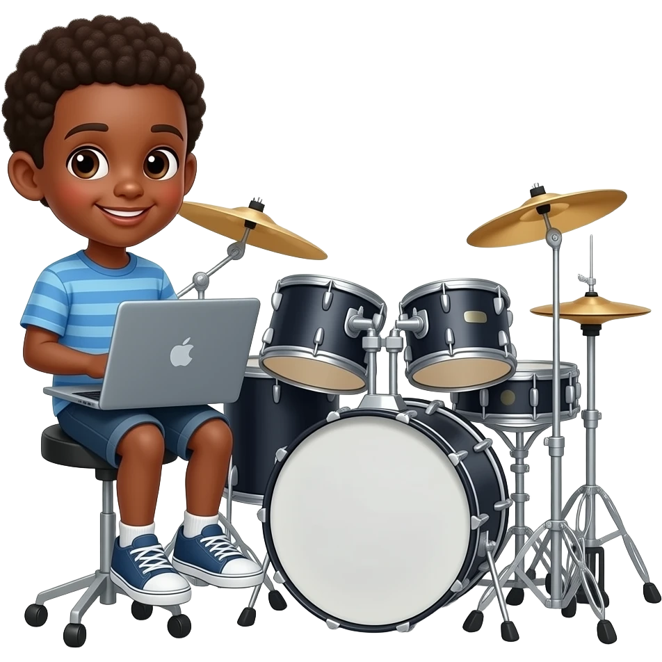 a dark skinned kid who is a has a computer and drums emoji