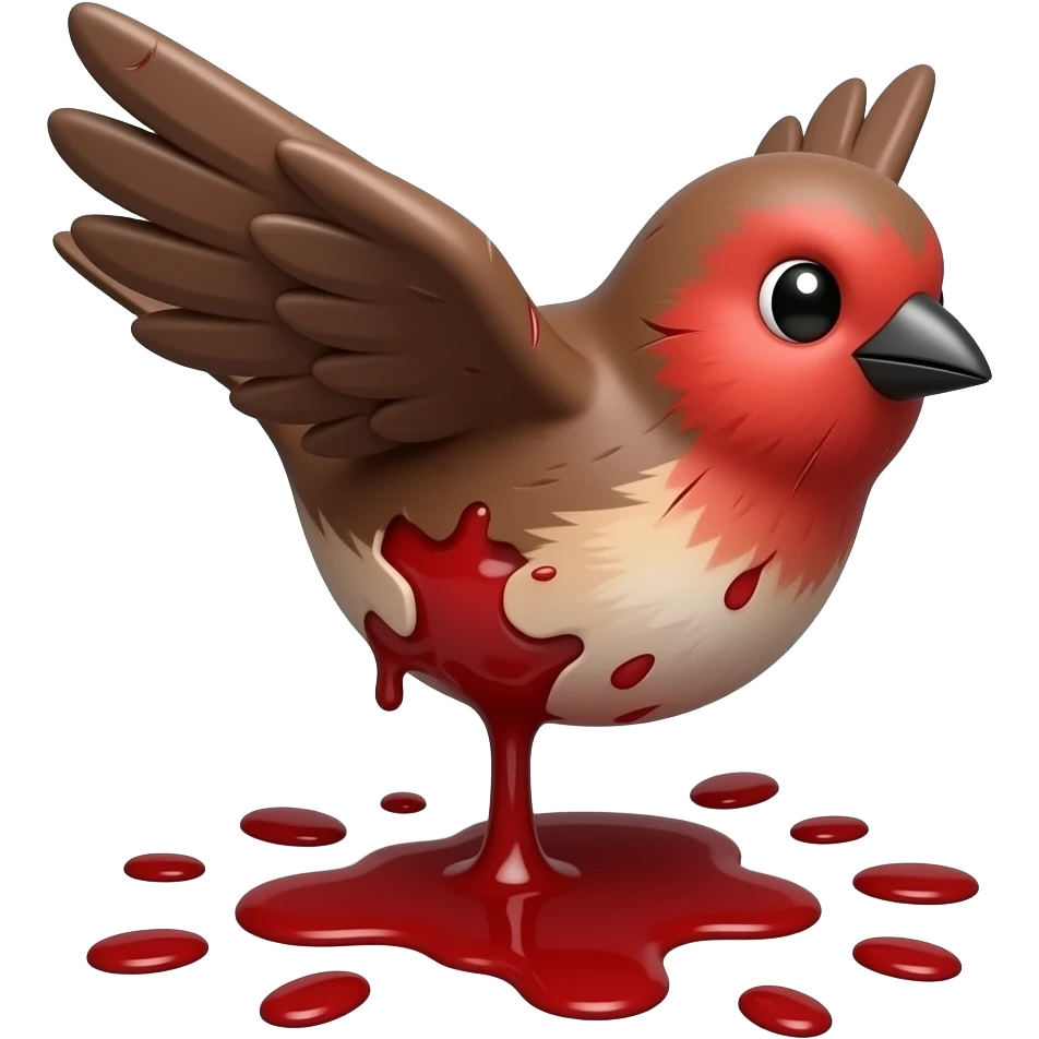 A 3D render iPhone emoji icon of a detailed Brown and red color 3D Render iPhone emoji png of a songbird pinned up with its wings sprawled out and mangled and blood underneath the bird emoji
