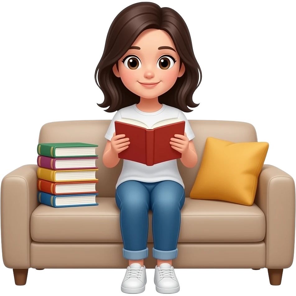 девушка с темными волосами сидит на диване и читает книги emoji