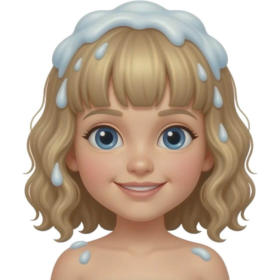 white kid  mid length hair to shoulders with bangs soft curly hair to shoulders in color: middle to little darker blond. shower her hair ladder in hair emoji