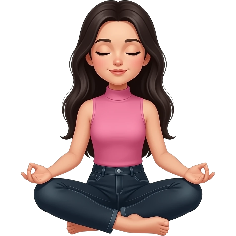 Teenage girl with long black hair wearing a pink sleeveless turtleneck top and long black jeans in a lotus position with her eyes closed emoji