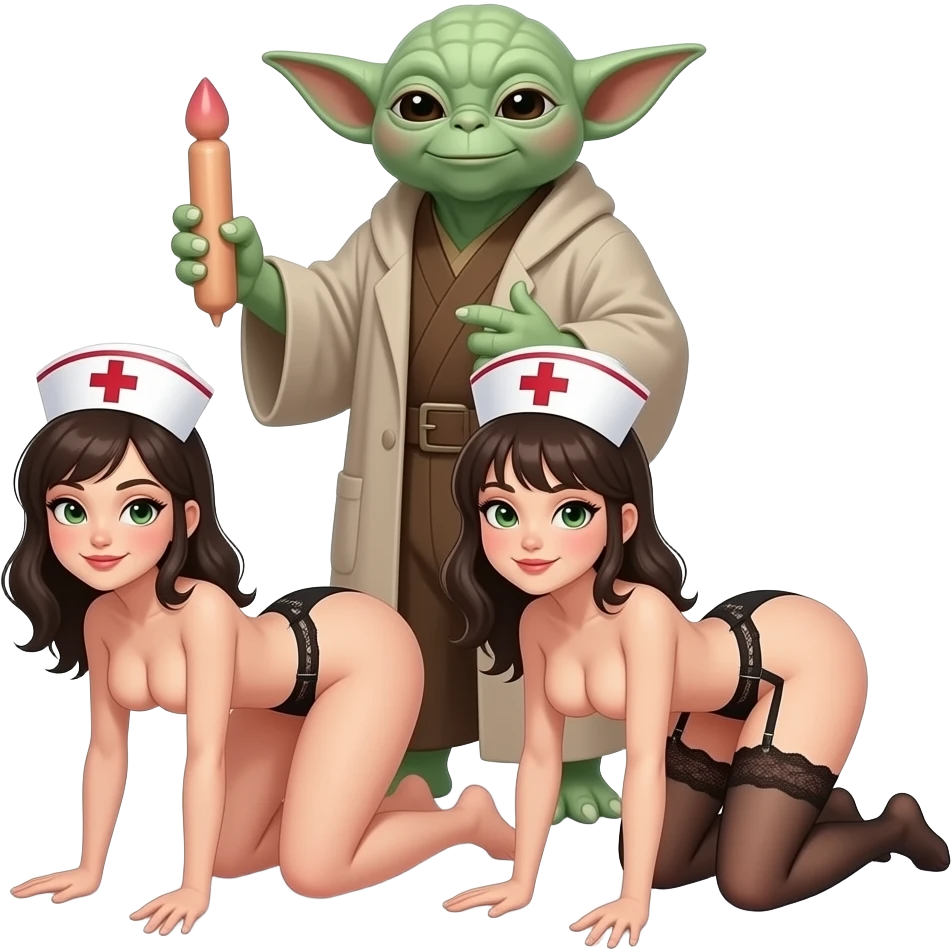2 very thin big breasted petite nurses, both  completely naked on all fours, with  a garter belt ,standing behind her , holding a large dildo,  with 1 hand on her ass, while  a tall yoda stands behind her with his hand on her breast, fucking emoji