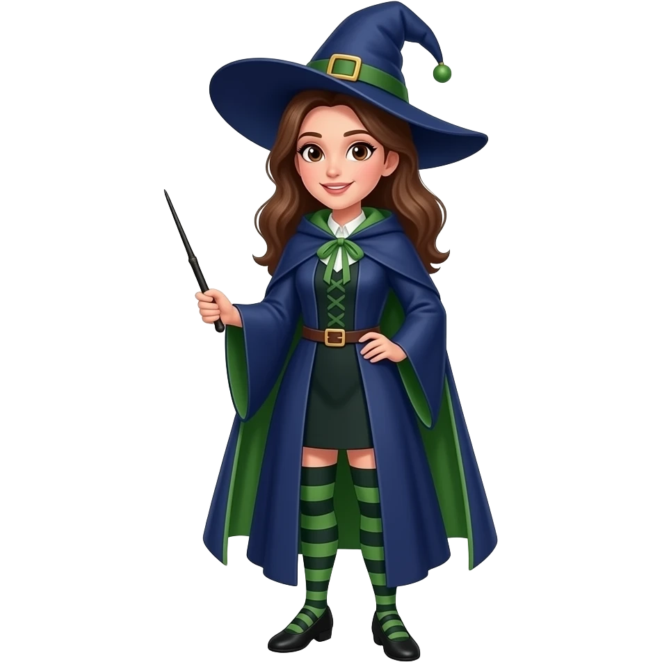 A full body White/Fair skinned woman with brown hair and brown eyes and wearing a Blue and green Witch outfit and holding a black wand. emoji