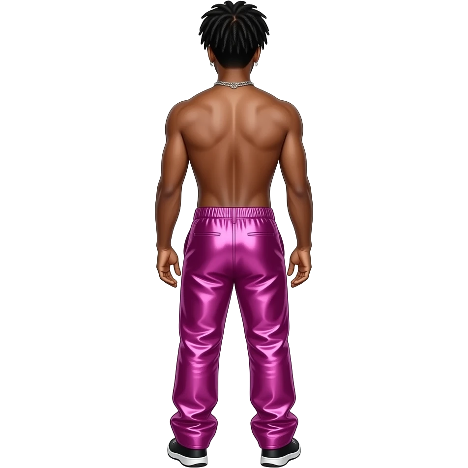 Lil Nas X from behind with fuchsia metallic faux baggy pants, shirtless with necklace and earrings emoji
