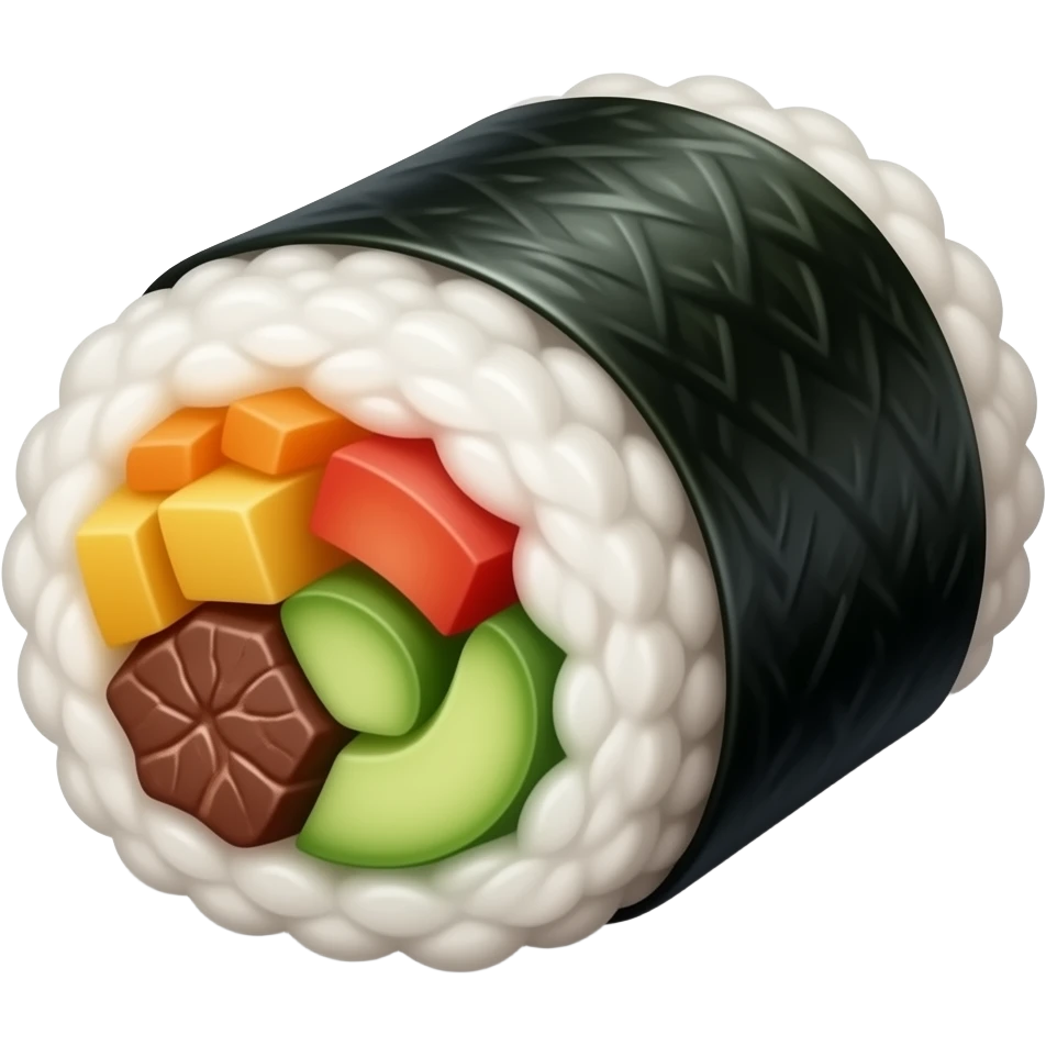 야채와 소불고기가 들어간 한국식 김밥 한 조각을 바닥에 눕혀놓은 emoji