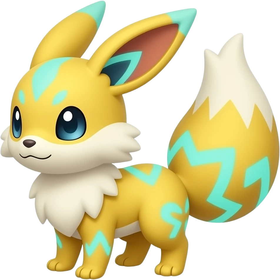 Yellow Renamon-Zeraora-Genet-Fennekin-Manectric-Vaporeon-Fakémon-hybrid with glowing neon cyan markings emoji