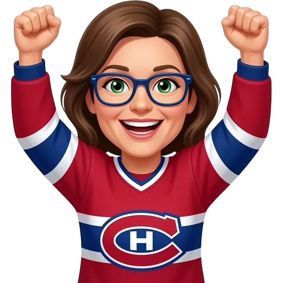 Female, Green eyes, brown hair, navy blue glasses, 50 years old, Montréal Canadiens, smiling showing teeth, cheering arms up emoji