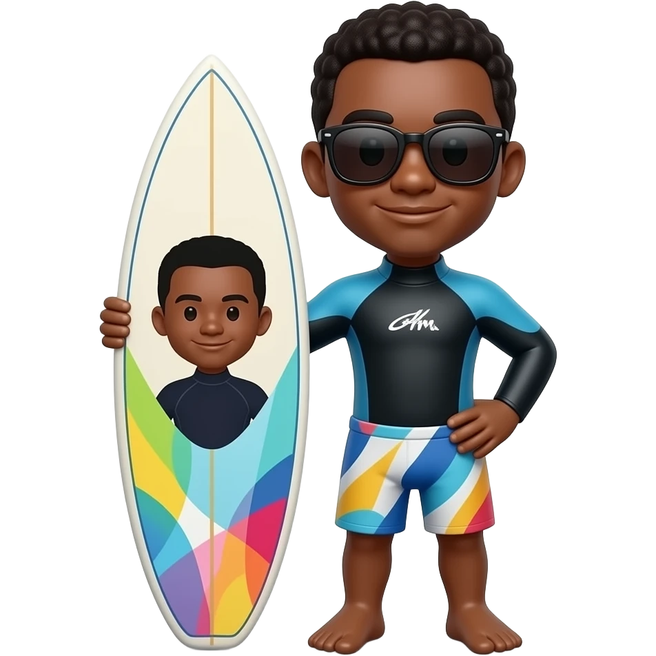 A cute chibi 3D render of a Black man in a wetsuit and swim trunks, holding a surfboard. He is wearing sunglasses and standing with one hand on his hip. The surfboard has a colorful abstract design emoji