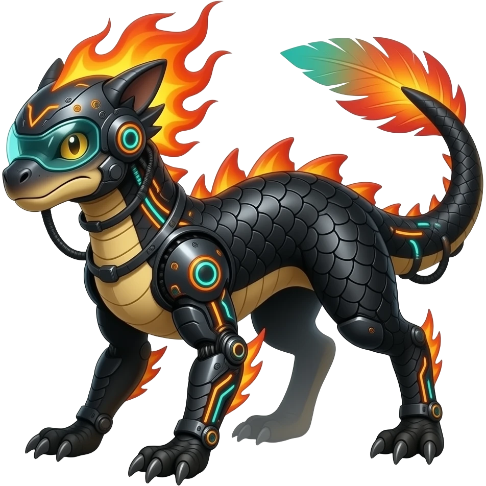 Cool edgy fiery bipedal scaly cybernetic electrical visor-helmeted, Circuitry-patterned black-scaled digitigrade futuristic fantasy-Cyberpunk-Steampunk-Solarpunk-Genesect-Cyclizar-Salazzle-Protogen-Fakémon-animal-hybrid, with neon feathery, and a tail blade, back spikes emoji