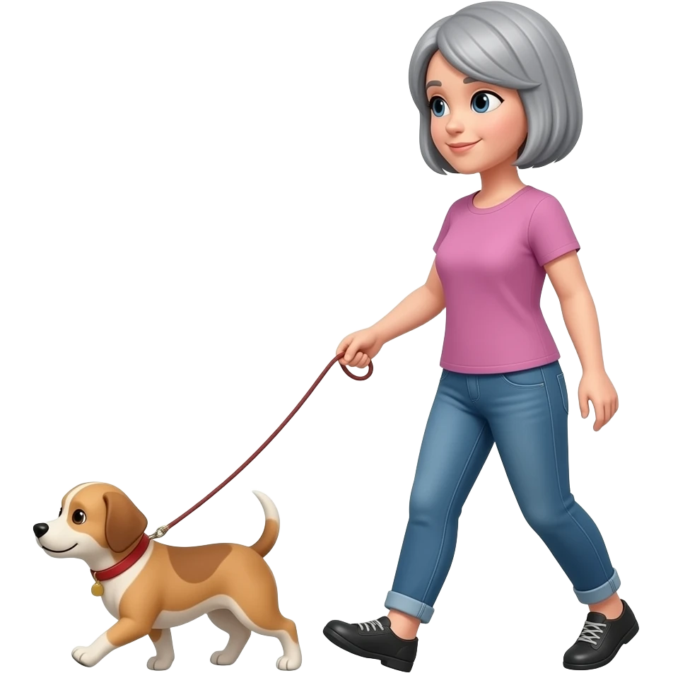 woman with short gray hair walking small tan dog going to left emoji