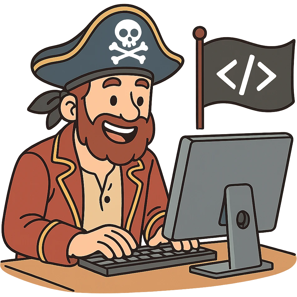 a pirate captain with a beard, coding on a desktop computer, pirate flag with code symbol, cheerful and creative, cartoon style emoji