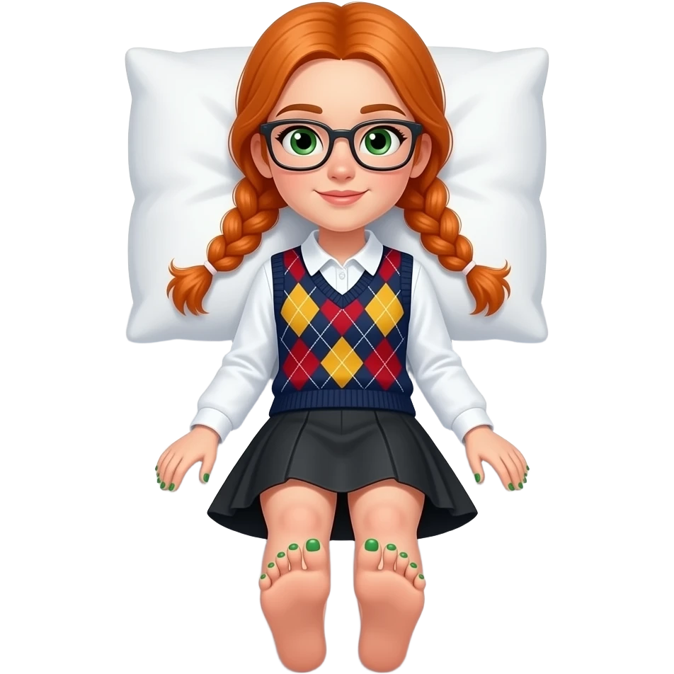 17 year old white woman green eyes orange braided pigtails rectangle glasses white long sleeved polo argyle dark blue red and yellow vest black skirt laying down on her pillow in bed showing her feet green painted toenails emoji