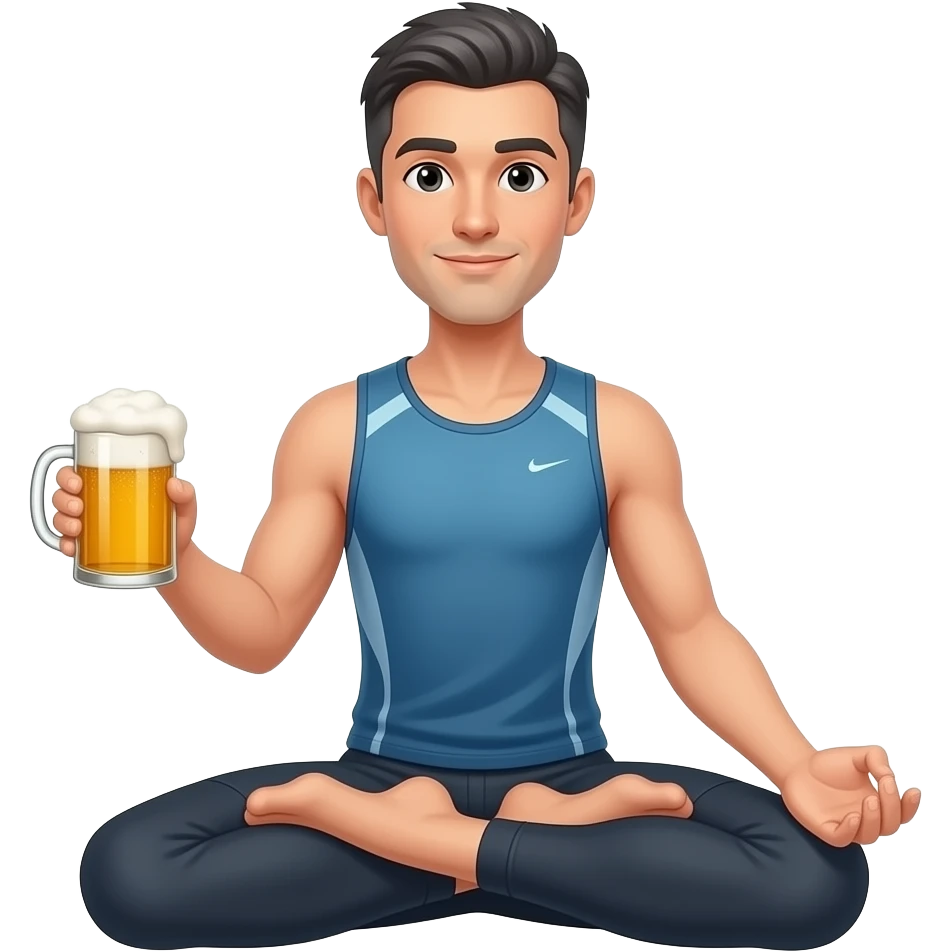 tall skinny guy sitting in yoga pose wearing sport wear, short dark grey hair, holding beer mugs in one hand emoji