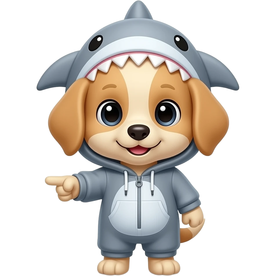 cute blonde puppy with grey shark hoodie pointing down emoji