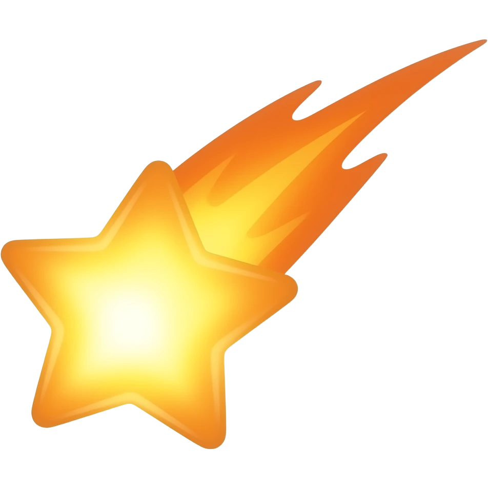 shooting star with a comet-like tail of a yellow-orange hue, transparent background, minimalistic, in the style of modern iOS emoji – soft plastic material, subtle lighting, gentle reflections and glossy highlights emoji