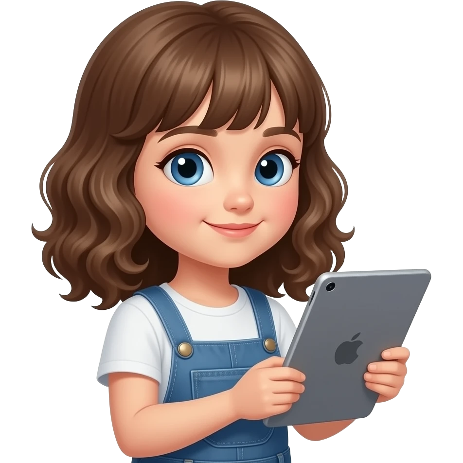 white kid blue eyes mid length hair to shoulders with bangs soft curly hair to shoulders in color: middle to little darker blond, with an ipad on her side, screen time emoji