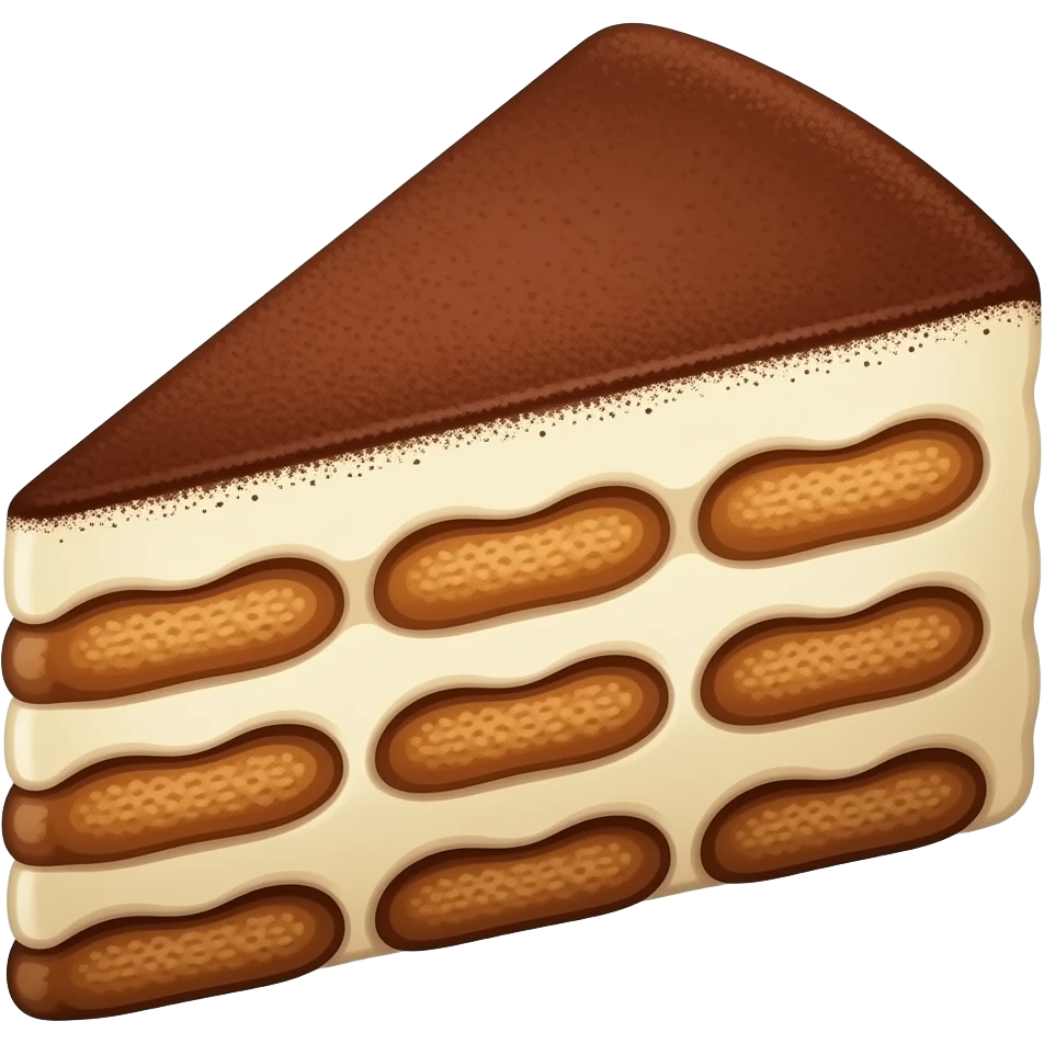 A triangular piece of tiramisu with 6 alternating layers of coffee-soaked breading and creamy filling, topped with cocoa powder dusting, soft 3D lighting, isometric vector art, simple composition, studio lighting, no text, no plate, no utensils, no shadows on edges emoji