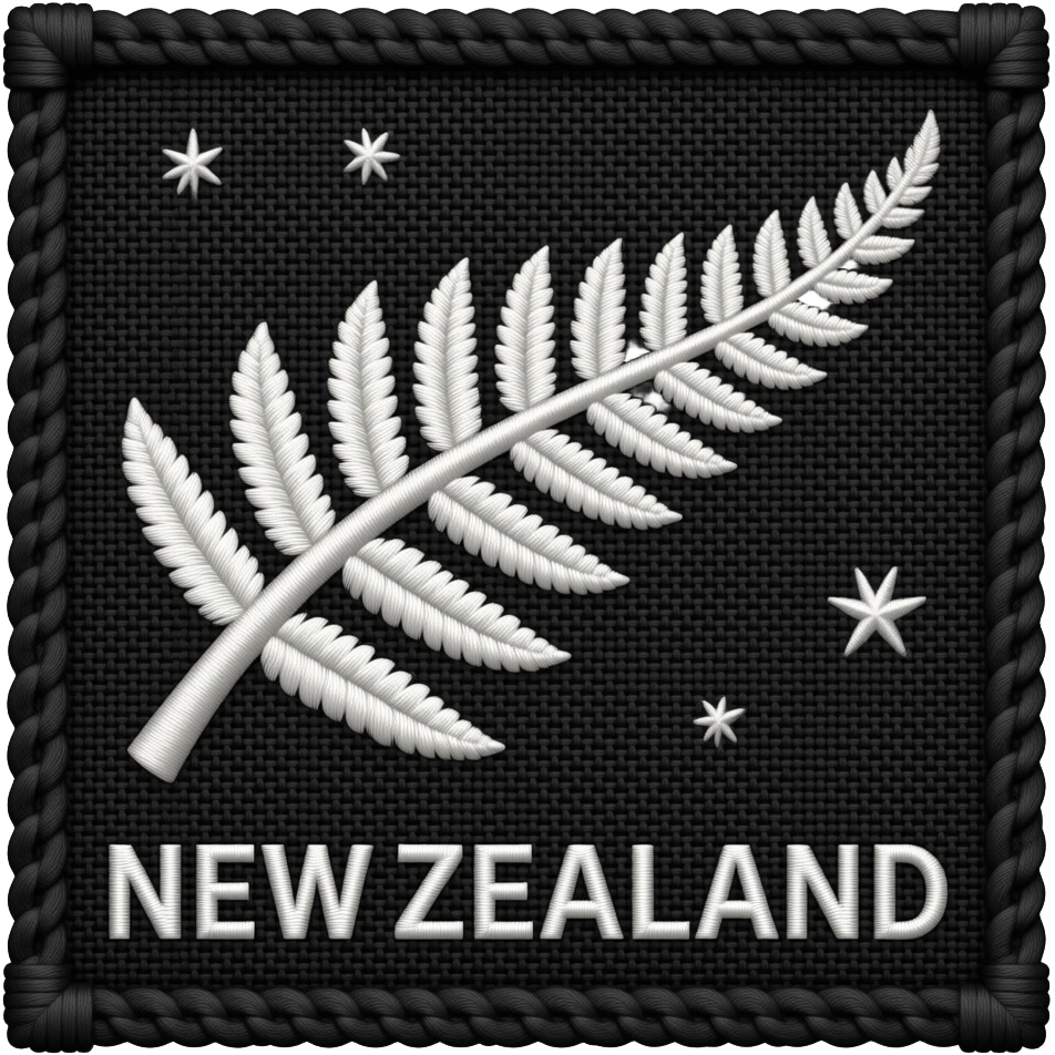 antiquated rustic authentic used silver fern white on black embroidery with text below- 'NEW ZEALAND' emoji
