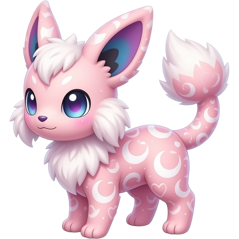 Fuzzy cozy aesthetic Rosy beautiful gorgeous pretty Petite shiny glossy sparkly romantic pastel damask Absol-Sylveon-Amaura-Milotic-Espeon-Fakemon-hybrid with heart and moon patterns emoji