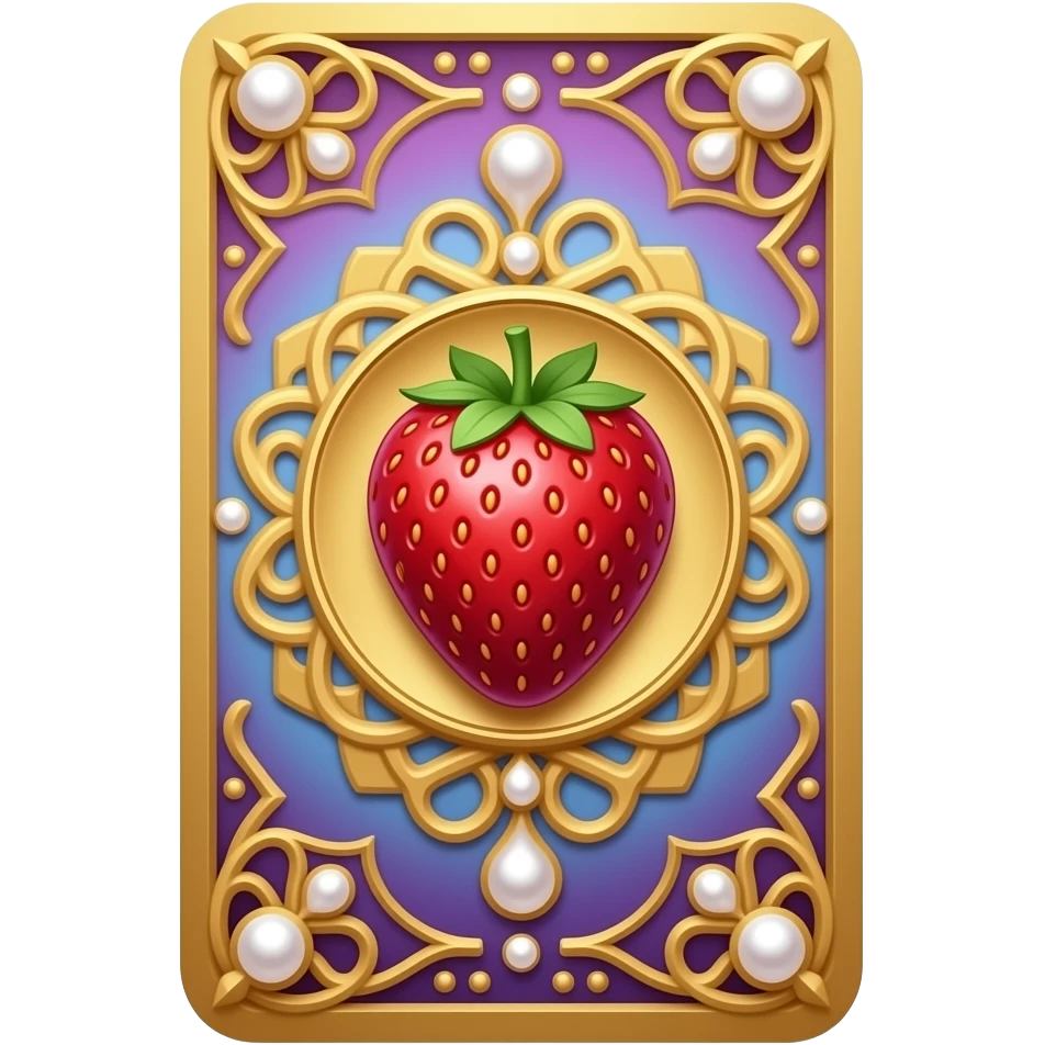 Tarot card, a strawberry, gold and pearls embellishments, very decorated, gradient accents. emoji