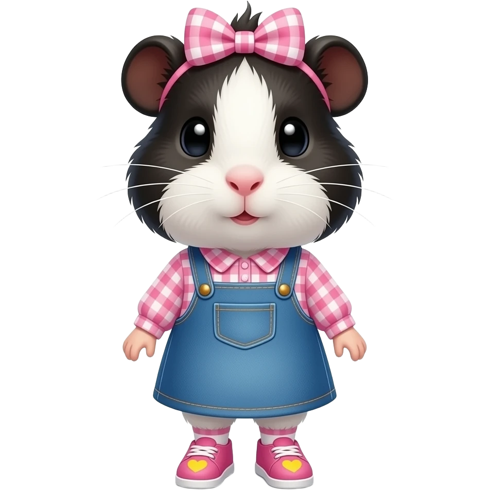 black and white guinea pig with pink long sleeve gingham shirt, jean dress, pink shoes with yellow hearts and a pink gingham bow in hair emoji