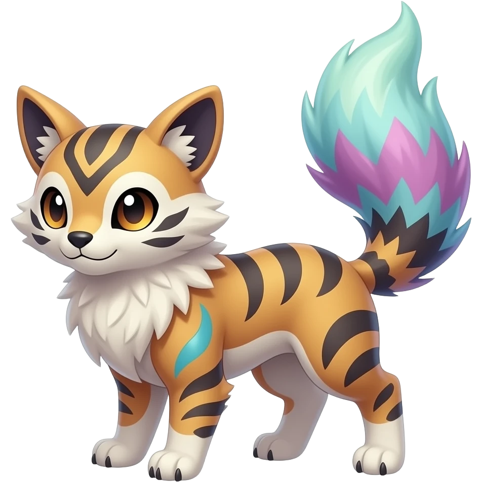 Colorful unique fantasy original shiny smooth soft flurry edgy cool Civet-Trico-Sprigatito-Fennekin-Vaporeon-Fakémon-hybrid with tribal markings emoji
