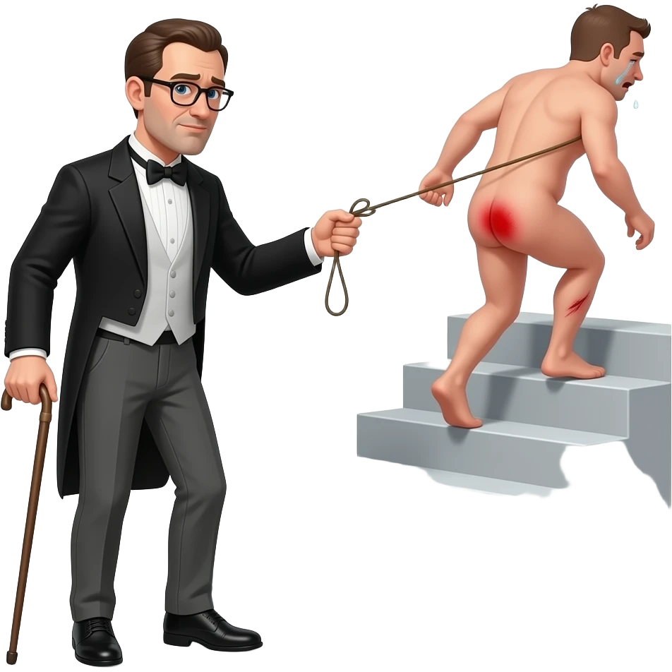 A stern clothed man with a thin whippy cane is leading by the ear and dragging behind him, a reluctant, crying, naked man up a flight of stairs, walking up towards the top,by the ear, his red buttocks are very bruised. emoji